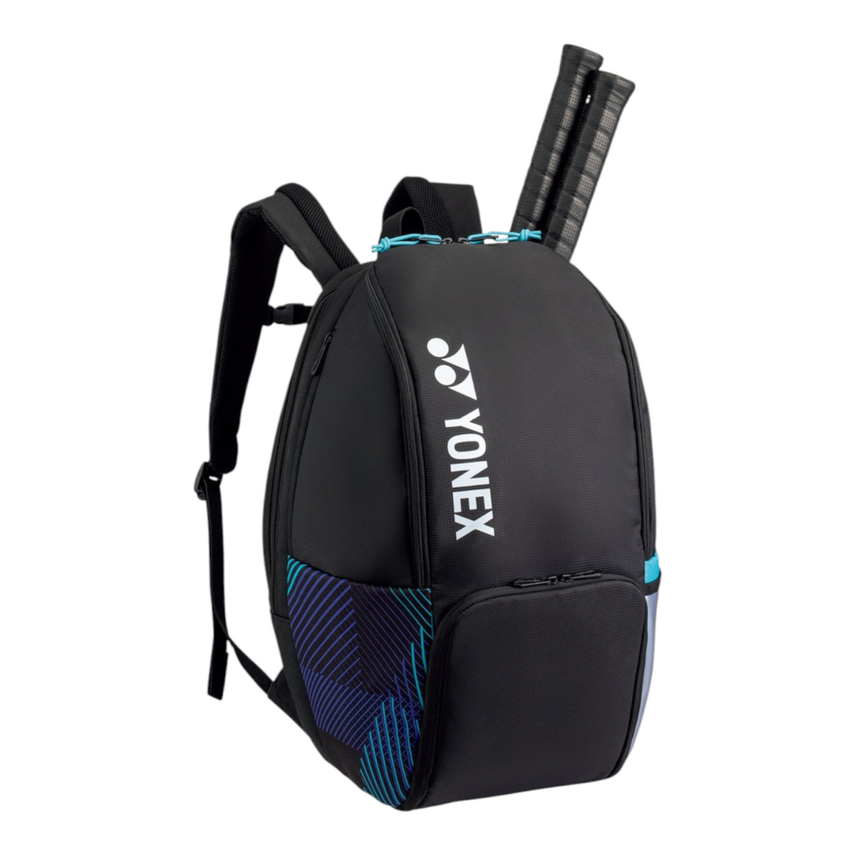 Mochila Radach Sports Yonex Pro negra con detalles azules para dos raquetas, diseño ergonómico y resistente