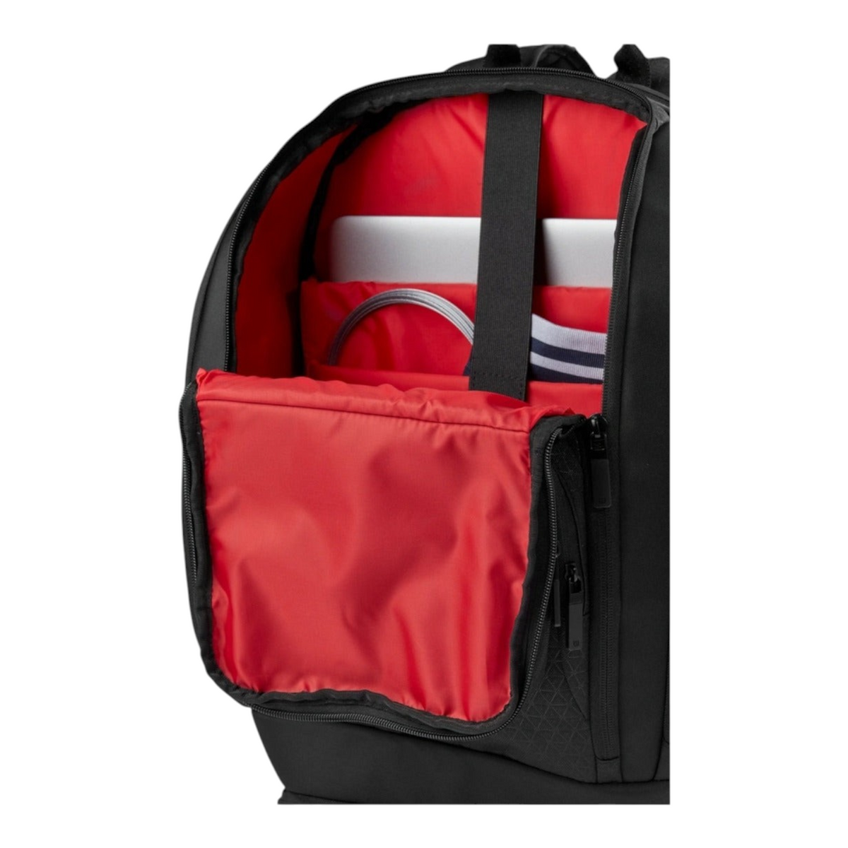 Mochila Radach Sports Wilson Clash V3 negra con interior rojo y compartimento acolchado para laptop