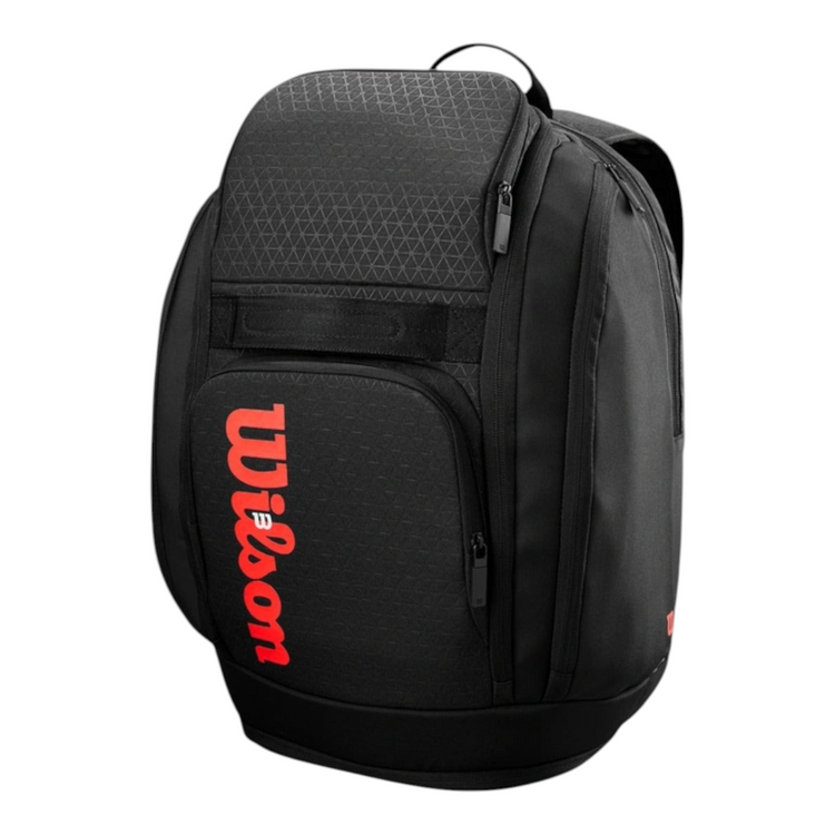 Mochila de tenis Radach Sports Wilson Clash V3 negra con detalles rojos, compartimento para dos raquetas y diseño