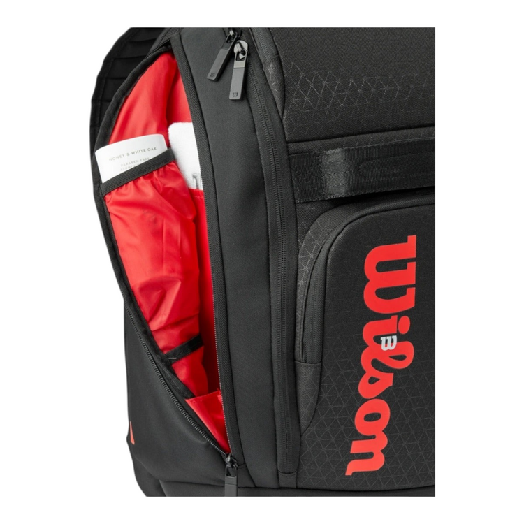 Mochila Radach Sports Wilson Clash V3 negra y roja con compartimento lateral térmico para bebidas y accesorios