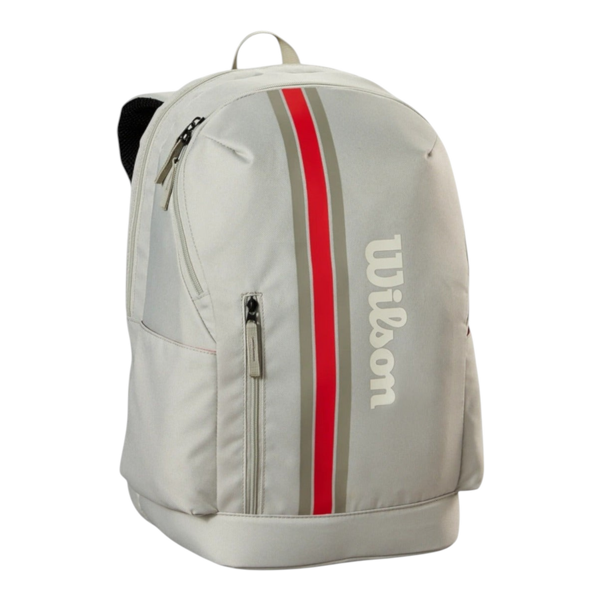Mochila Radach Sports Wilson Team gris con franja roja, compartimento para raquetas y correas acolchadas ajustables.