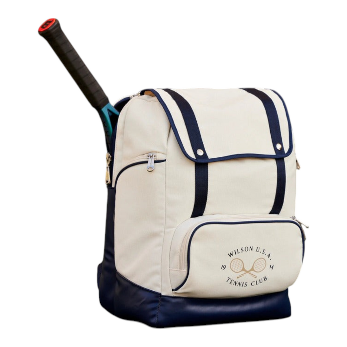 Mochila Radach Sports Wilson Heritage 1914 color crema y azul marino con raqueta de tenis en compartimento trasero