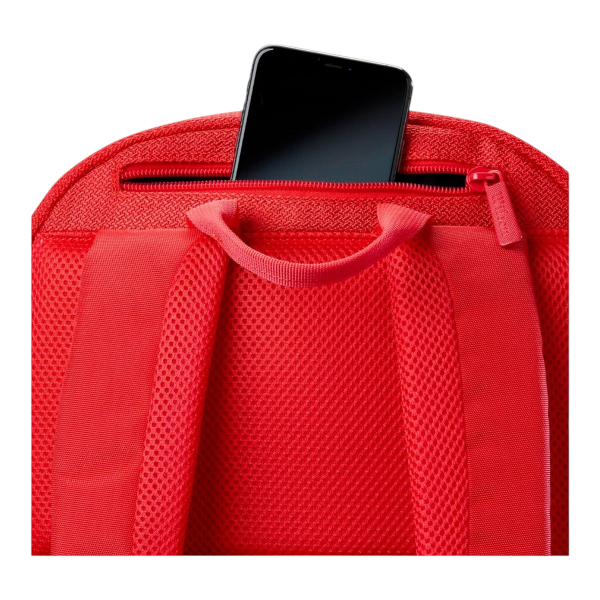 Detalle de bolsillo superior con cremallera en mochila Radach Sports Wilson Padel Tour roja con tejido de malla