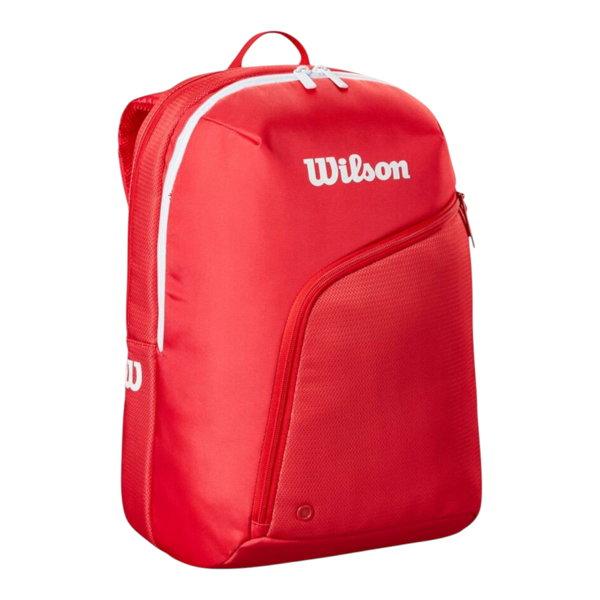 Mochila Radach Sports Wilson Padel Tour roja con compartimento para palas, diseño ergonómico y cremalleras blancas
