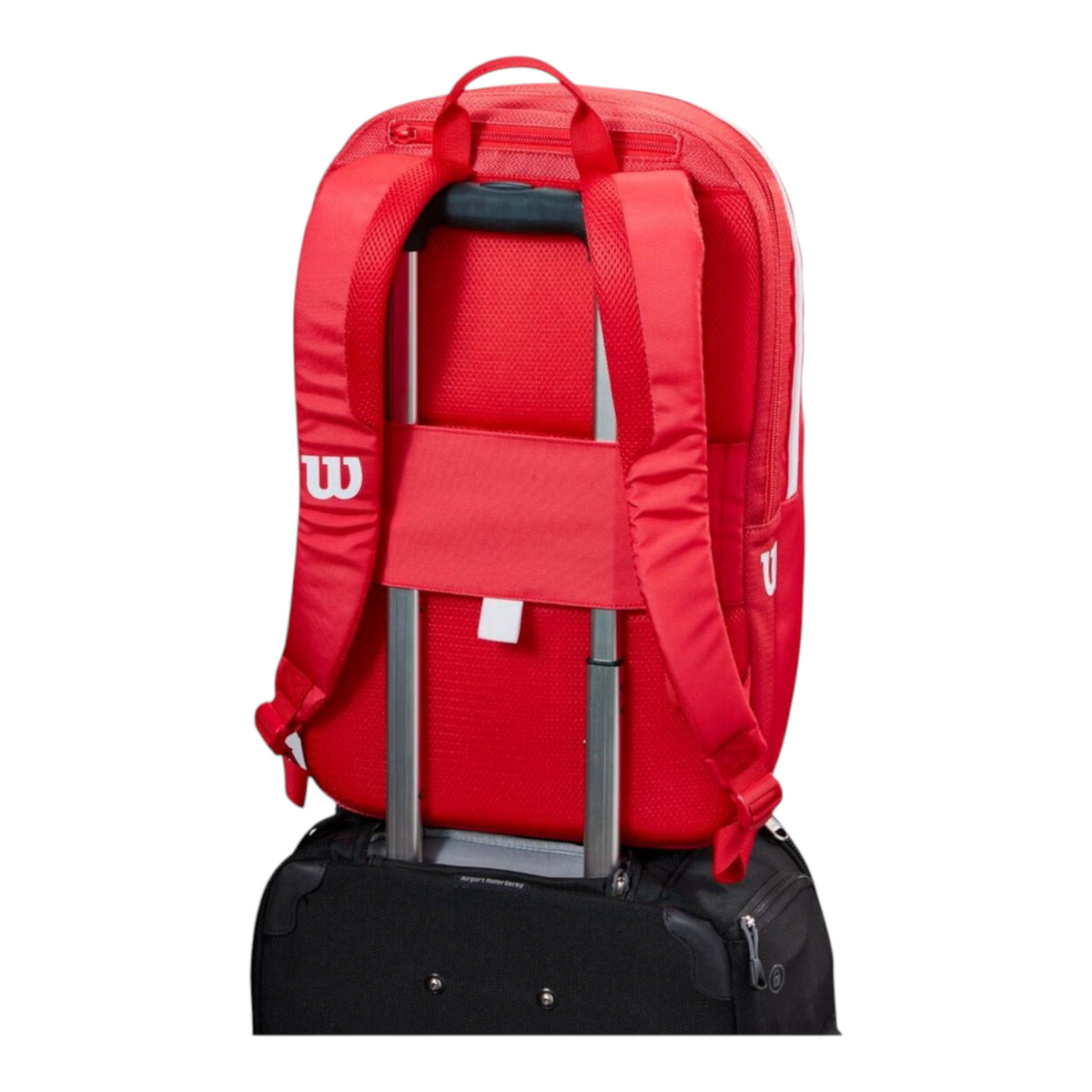 Mochila Radach Sports Wilson Padel Tour roja con correas acolchadas y soporte para maleta de viaje