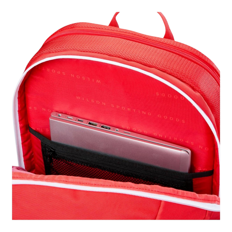 Mochila Radach Sports Wilson Padel Tour roja con compartimento interior acolchado para laptop y bolsillo de malla