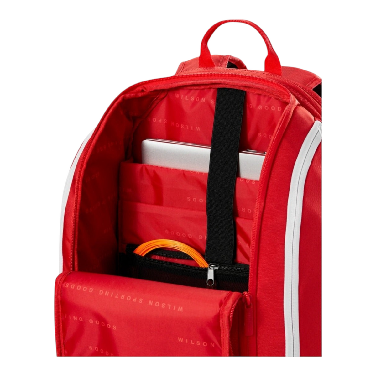 Interior de la mochila Radach Sports Wilson Super Tour roja con compartimento acolchado para laptop y organizadores
