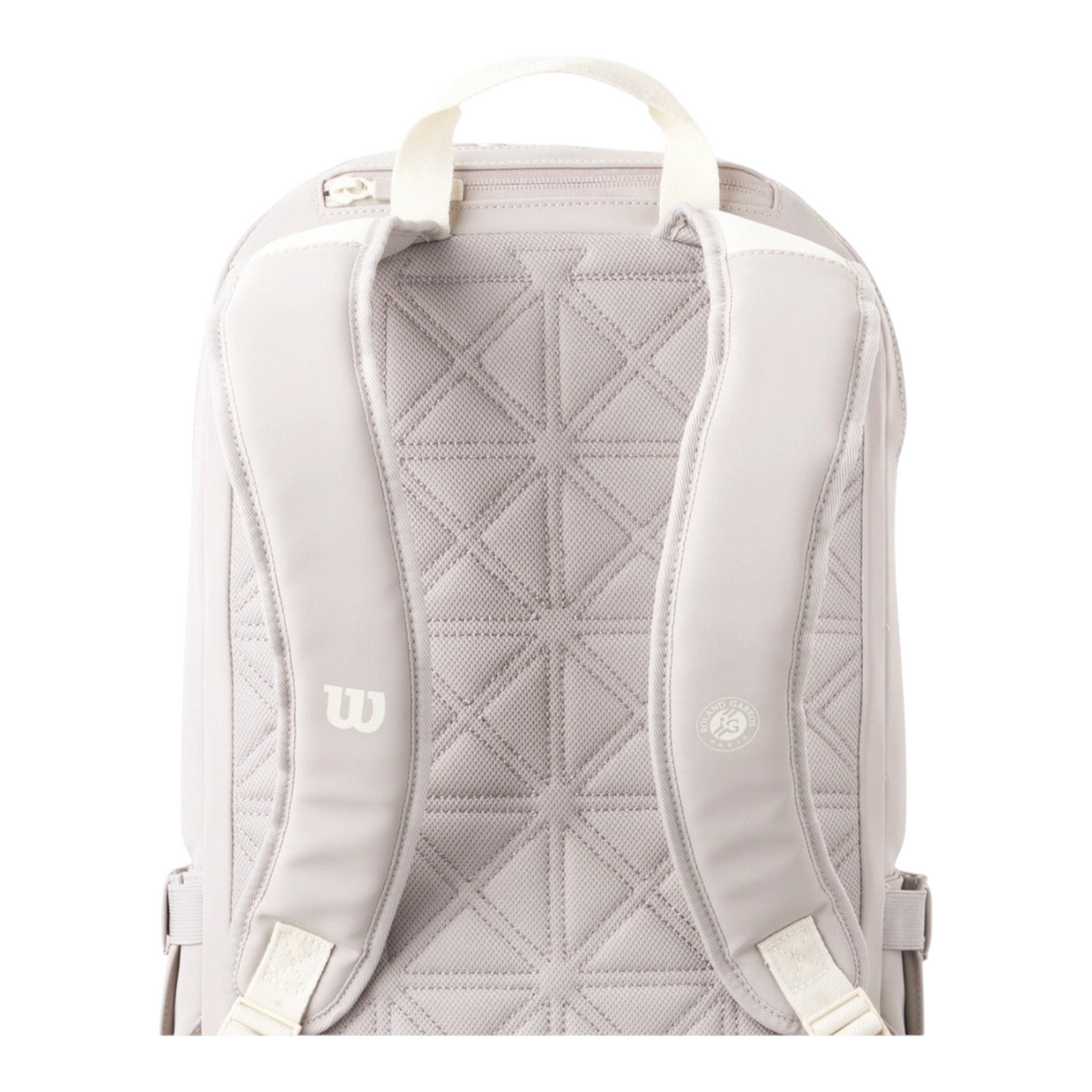 Vista trasera de la mochila Radach Sports Wilson Roland-Garros 2025 con correas acolchadas y diseño geométrico