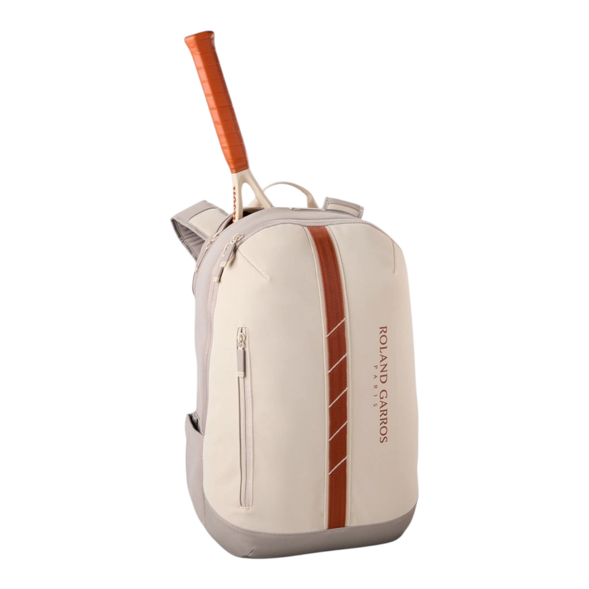 Mochila Radach Sports Wilson Roland-Garros 2025 color crema con raqueta de tenis, diseño elegante y funcional.