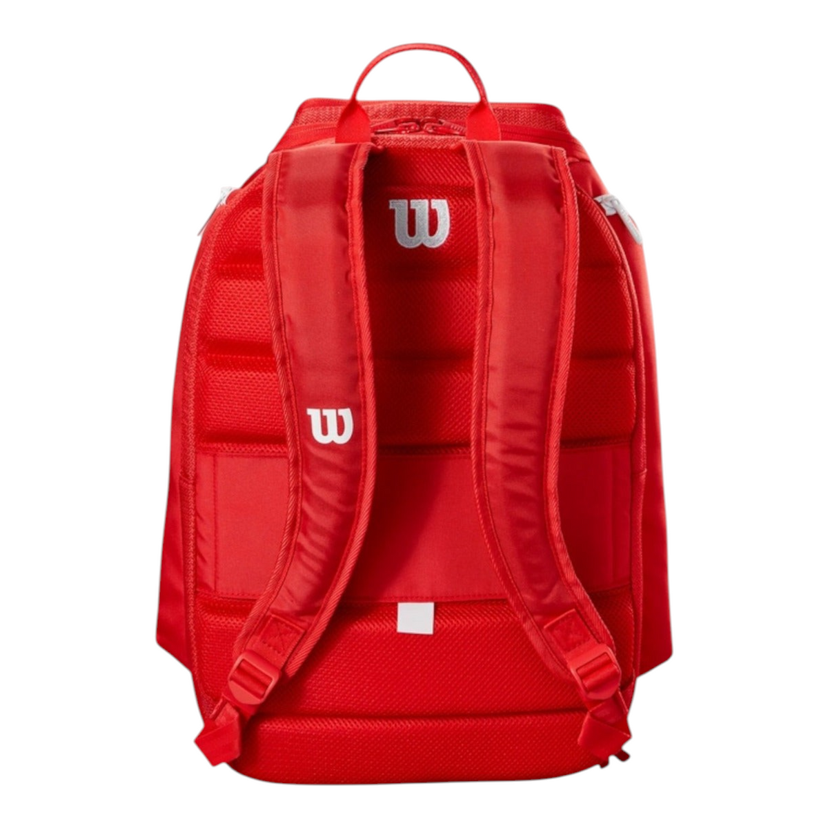 Vista trasera de la mochila Radach Sports Wilson Super Tour roja con correas acolchadas y panel de malla transpirable