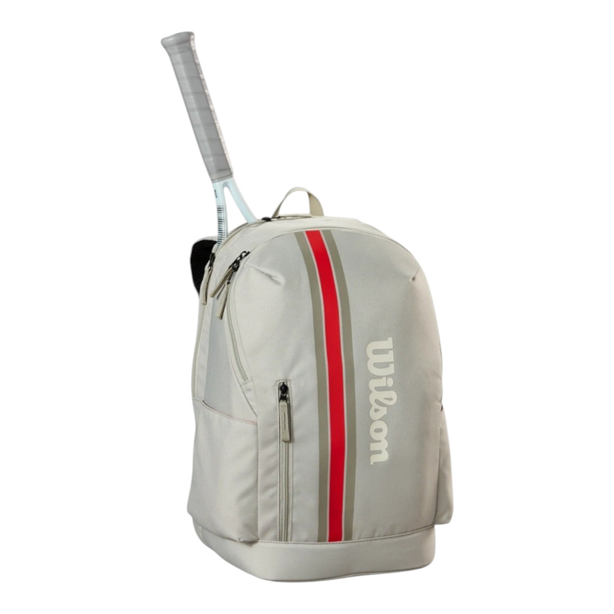 Mochila Radach Sports Wilson Team gris para dos raquetas de tenis con franja roja y compartimentos con cierre