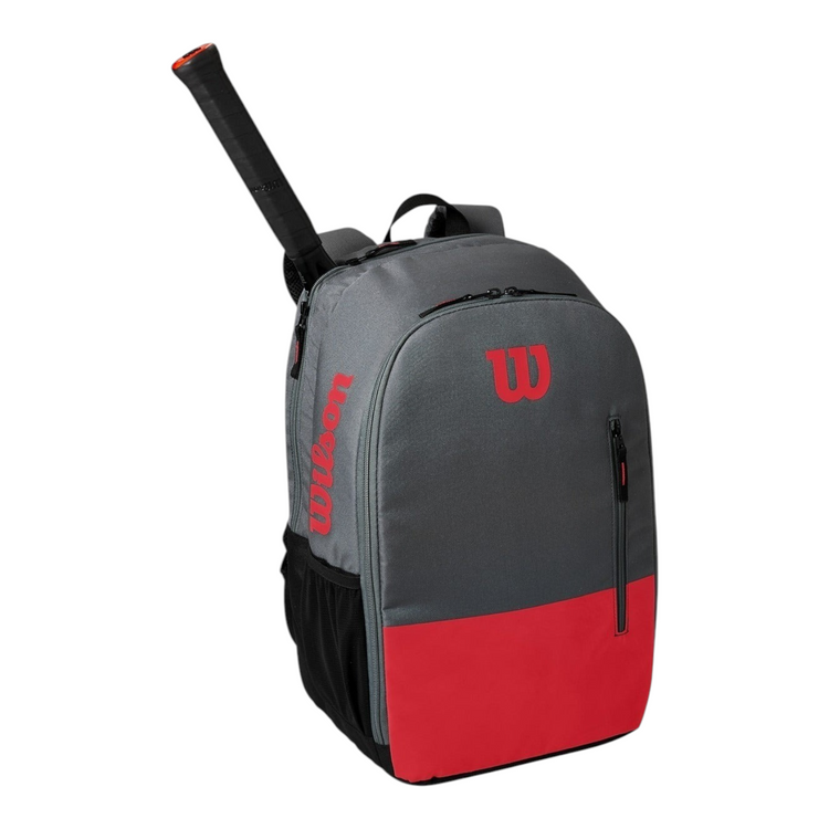 Mochila Radach Sports Wilson Team gris y roja con compartimento para raquetas y bolsillos laterales de malla