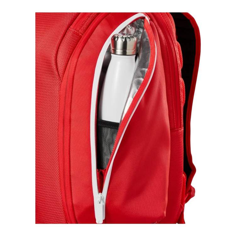 Detalle del bolsillo lateral térmico Thermoguard de la mochila Radach Sports Wilson Super Tour roja con botella
