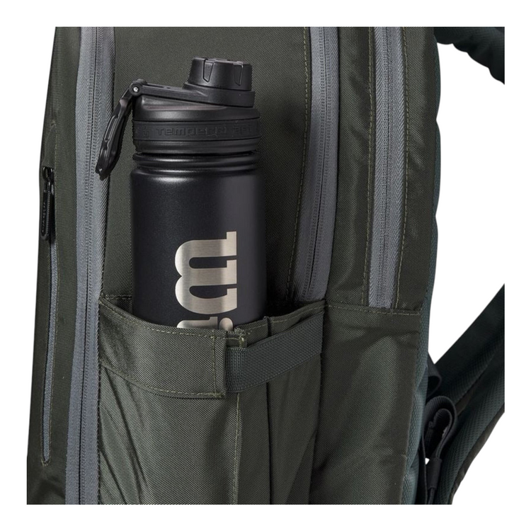 Mochila Radach Sports Wilson Tour verde oscuro con bolsillo lateral para botella de agua negra