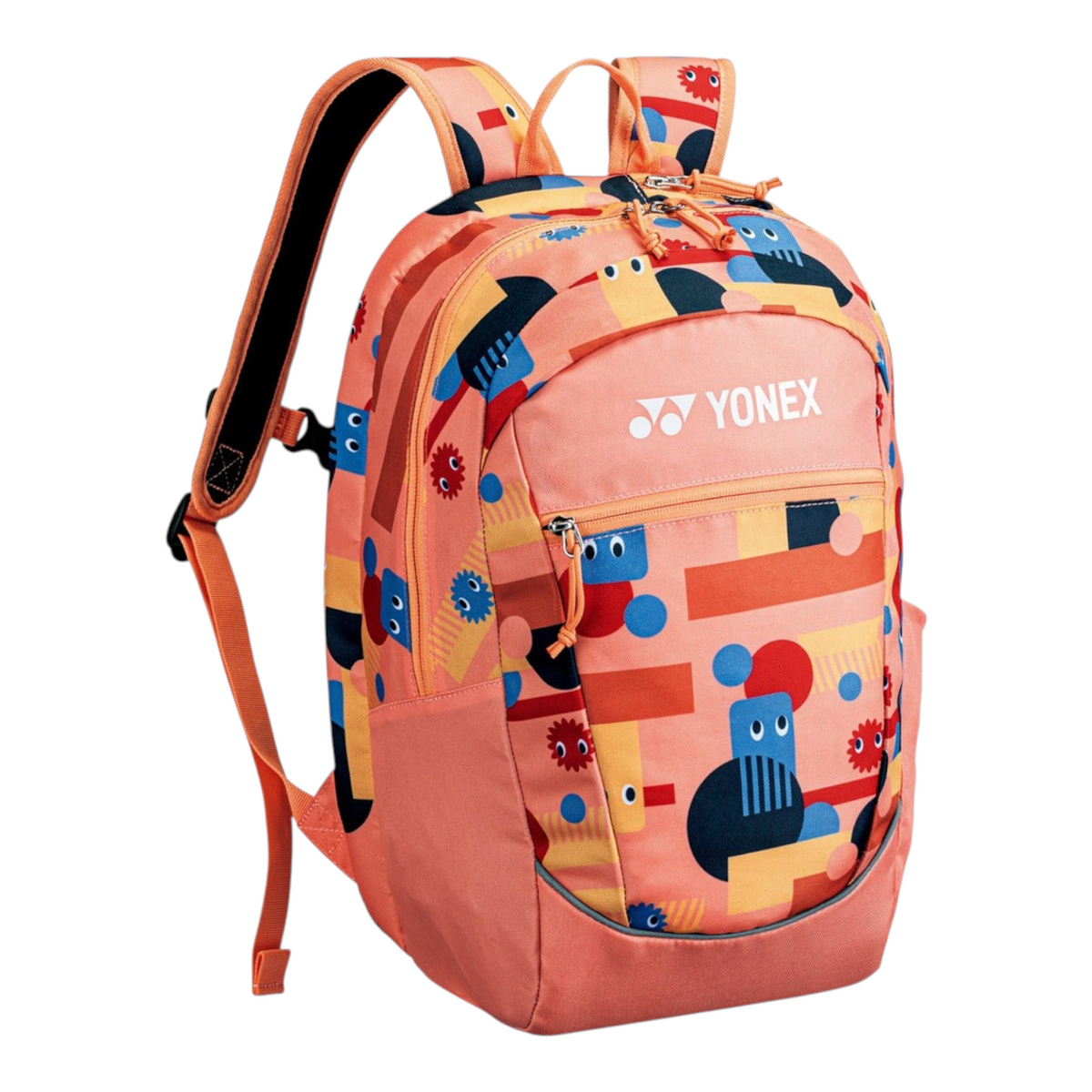 Mochila junior Yonex de Radach Sports en color coral con estampado geométrico y compartimento para raqueta de tenis
