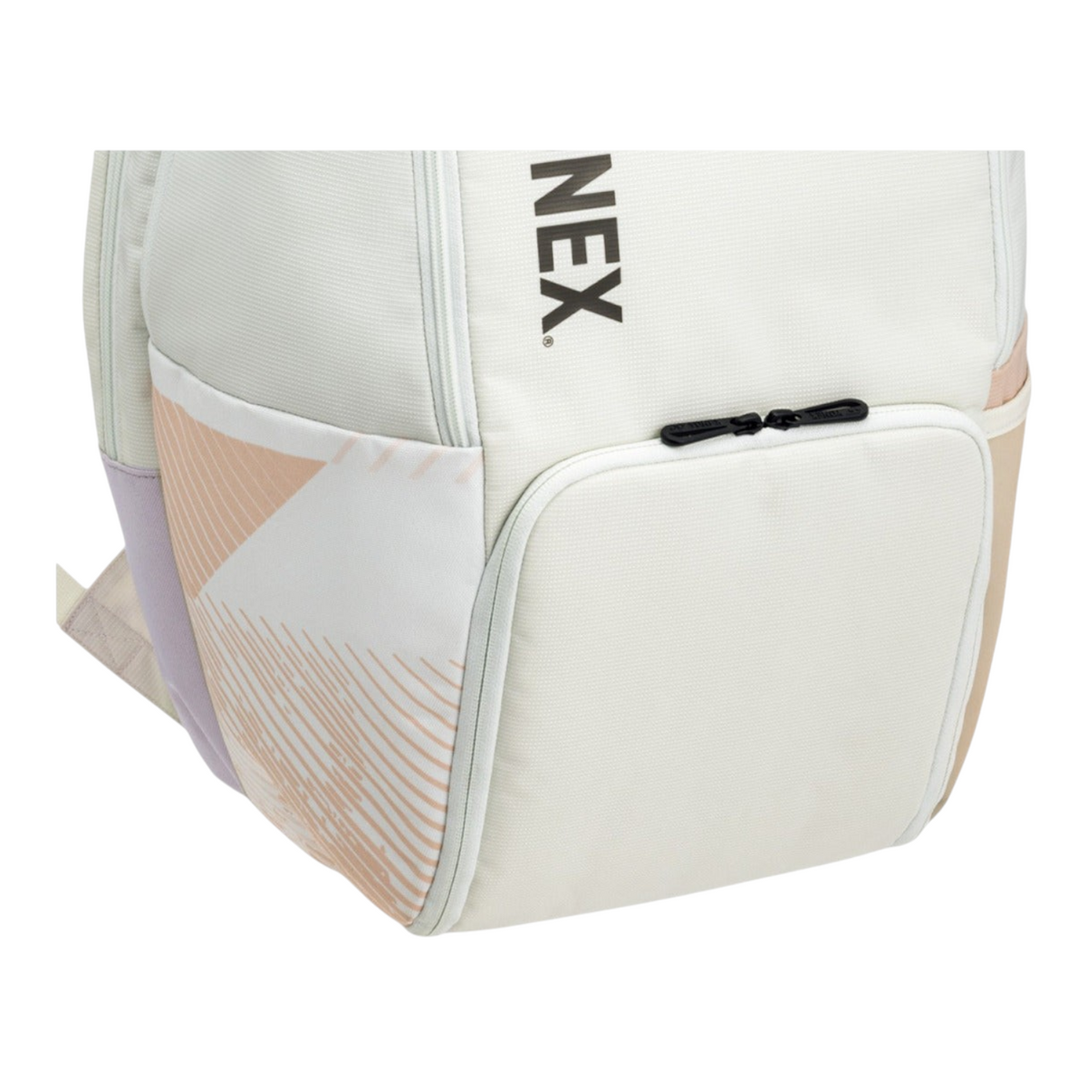 Mochila Radach Sports Yonex Pro color beige arena con detalles geométricos y cremalleras resistentes