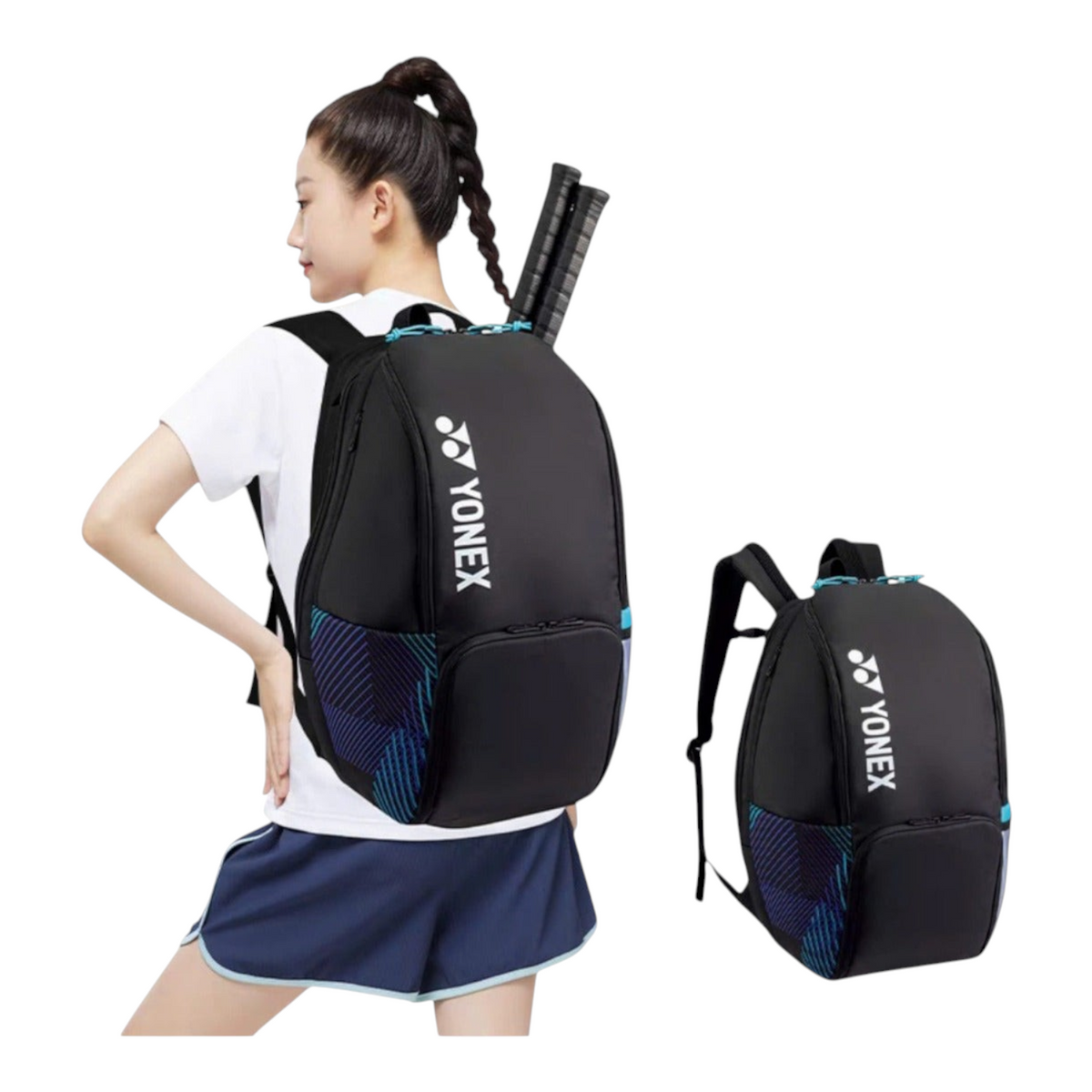 Mochila Radach Sports Yonex Pro negra con detalles azules, capacidad para dos raquetas y diseño ergonómico
