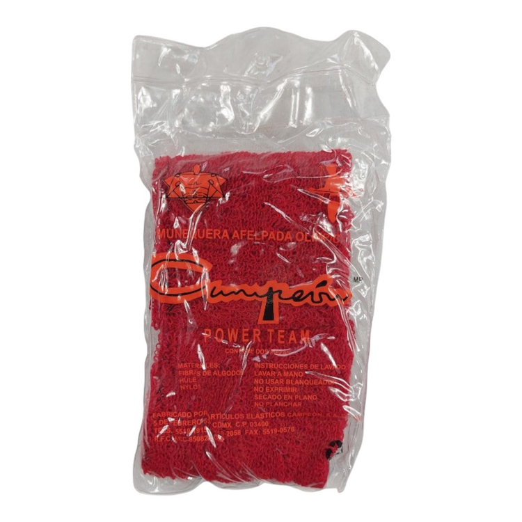 Muñequera deportiva Radach Sports marca Campeón de color rojo, estilo toalla afelpada para absorber el sudor.