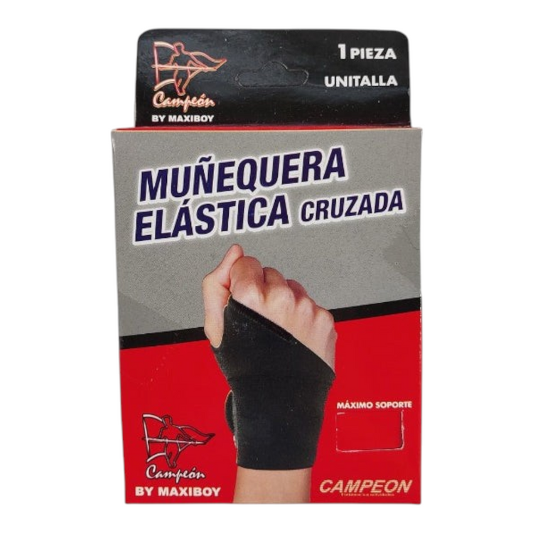 Muñequera elástica cruzada negra de Radach Sports para soporte deportivo, diseño unitalla en empaque original