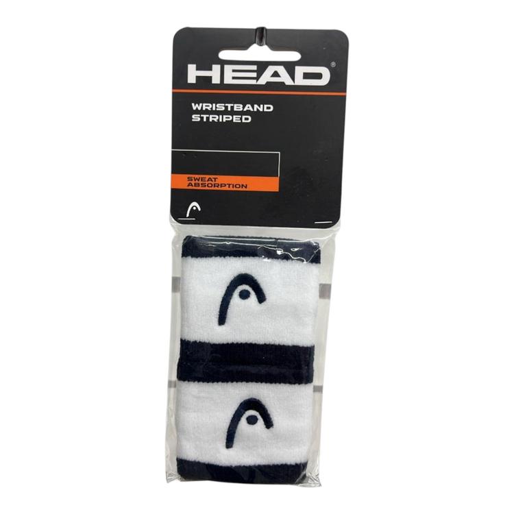 Muñequera deportiva Radach Sports Head blanca y azul marino con rayas y logo bordado en empaque original