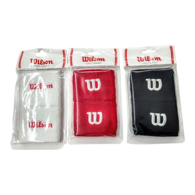 Pack de 3 pares de muñequeras Wilson cortas y absorbentes en colores rojo, blanco y negro de Radach Sports