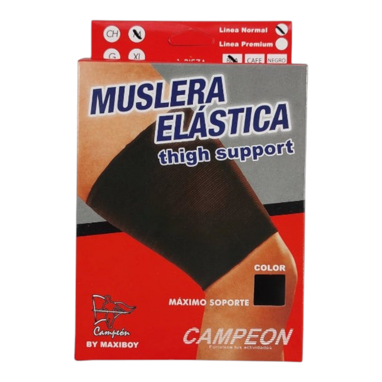 Muslera elástica negra de la marca Radach Sports para soporte muscular en el muslo