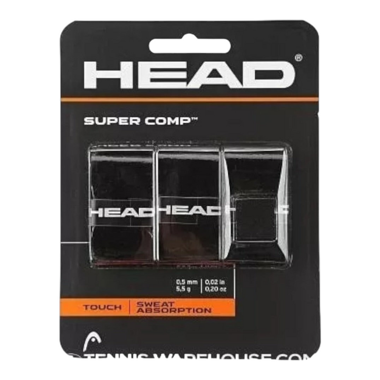 Pack de tres overgrips negros Head Super Comp de Radach Sports para raquetas de tenis con alta absorción de sudor