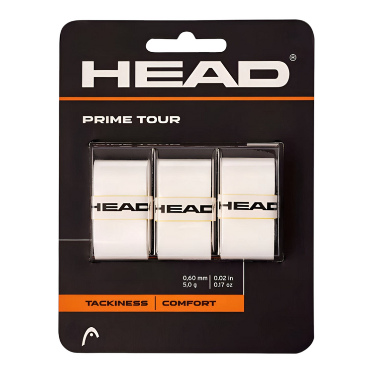 Pack de 3 overgrips blancos Head Prime Tour para raquetas, presentados en su empaque original de Radach Sports