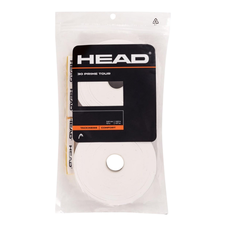 Pack de 30 overgrips blancos Head Prime Tour de Radach Sports para raquetas de tenis con excelente agarre y confort