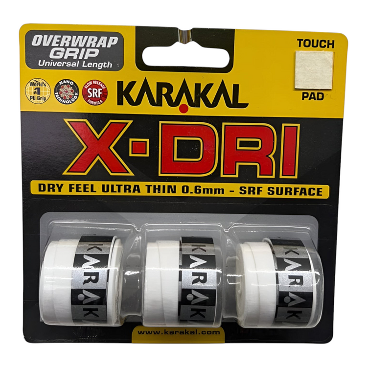 Pack de 3 overgrips blancos Karakal X-dri de Radach Sports con tecnología de superficie ultra fina de 0.6mm