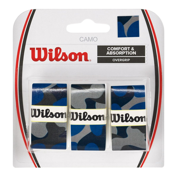 Paquete de 3 overgrips Wilson Camo en Radach Sports con diseño de camuflaje azul y gris para raquetas de tenis