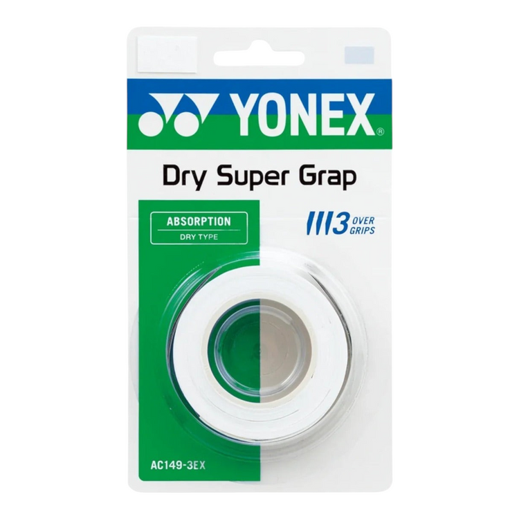 Pack de 3 overgrips blancos Yonex Dry Super Grap de poliuretano absorbente disponibles en Radach Sports