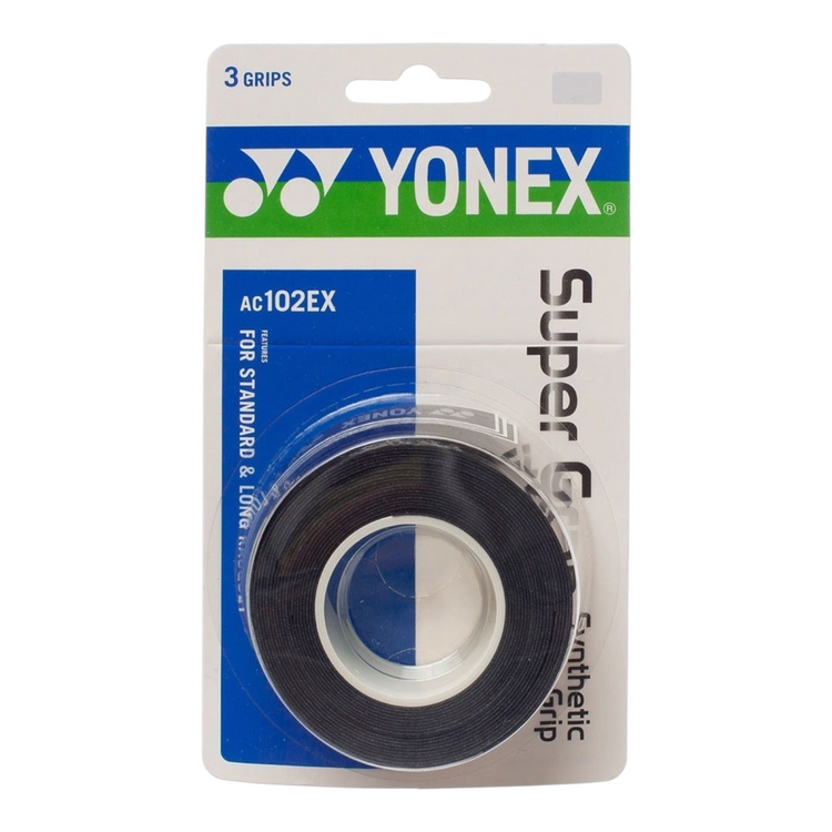 Paquete de 3 overgrips negros Yonex Super Grap con antivibrador de Radach Sports para raquetas de tenis