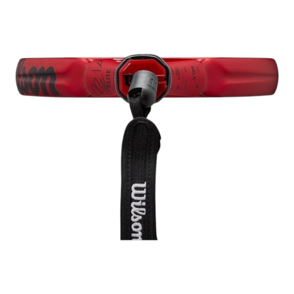 Vista superior del mango de la pala de padel Radach Sports Wilson Bela Elite V2 en rojo metalico con correa negra