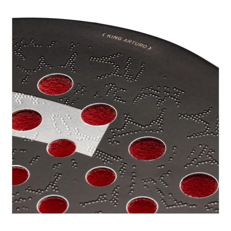 Detalle de la pala de pádel Radach Sports Head Coello Pro 2025 en color negro con textura y detalles en rojo