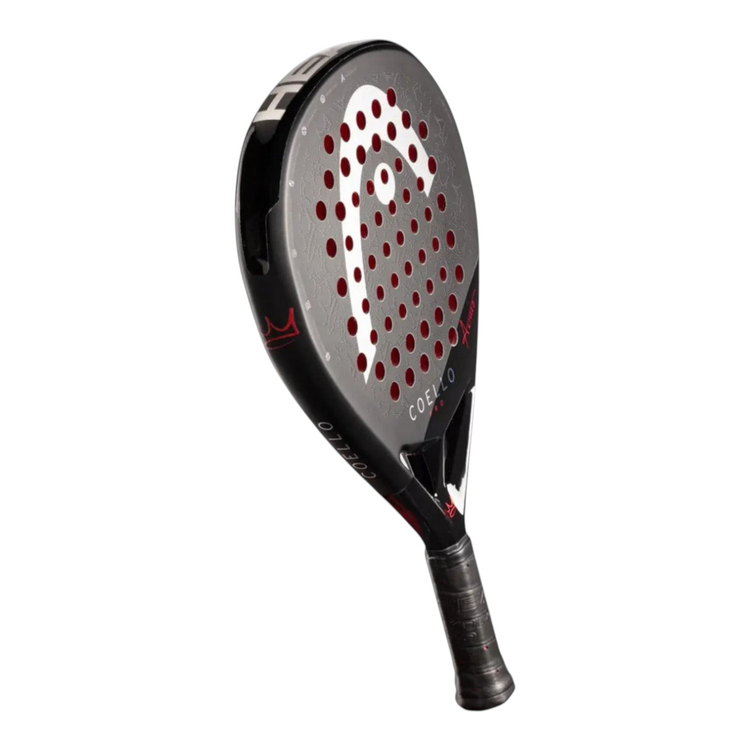 Pala de pádel Radach Sports Head Coello Pro 2025 en color negro con detalles en rojo y blanco