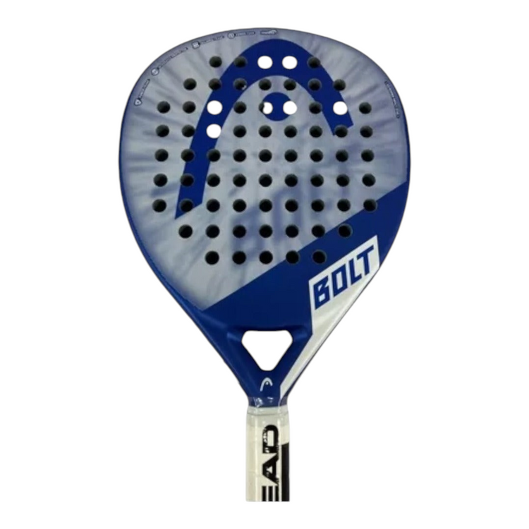 Pala de padel Radach Sports Head Bolt 2023 en azul y blanco con forma de lágrima y superficie de fibra de vidrio