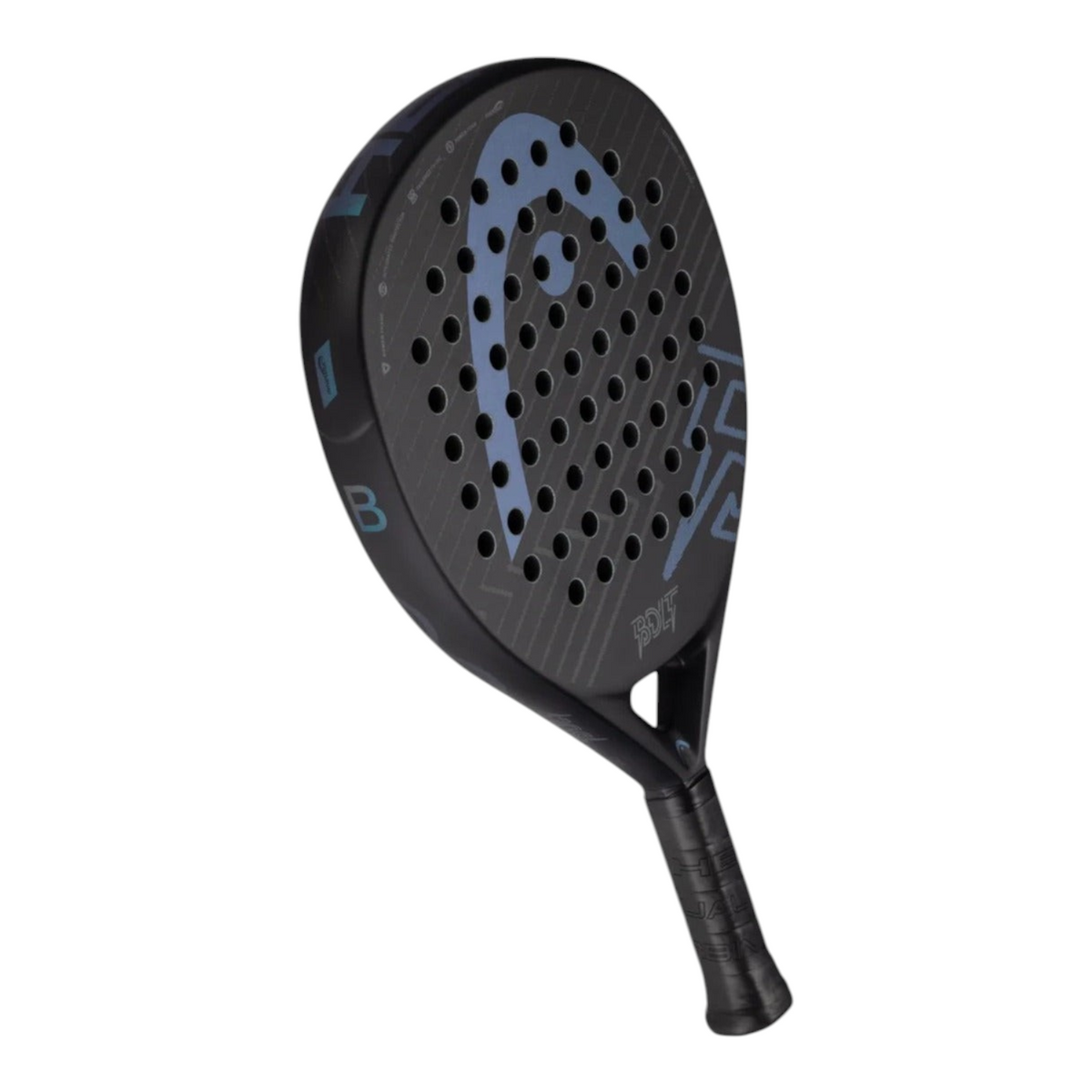 Pala de pádel Radach Sports Head Bolt en color negro con detalles grises, forma de lágrima y superficie de fibra
