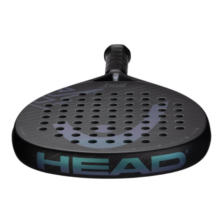Pala de pádel Radach Sports Head Bolt en color negro con forma de lágrima y superficie de fibra de vidrio