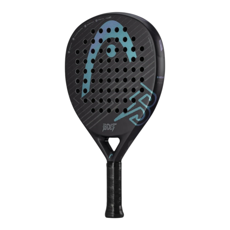 Pala de pádel Radach Sports HEAD Bolt en color negro con forma de lágrima y detalles iridiscentes en la superficie.