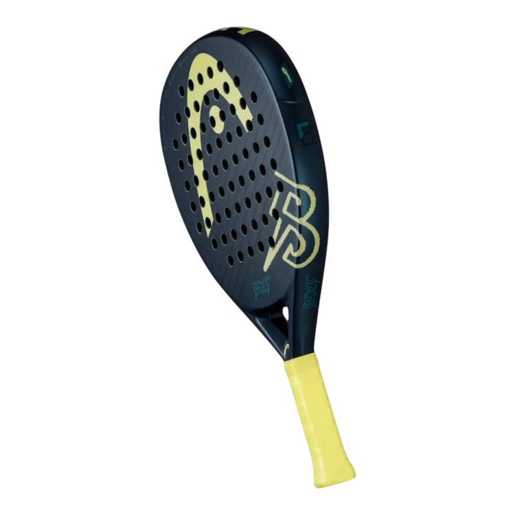 Pala de pádel Radach Sports Head Bolt en forma de lágrima, color negro con detalles en amarillo vibrante