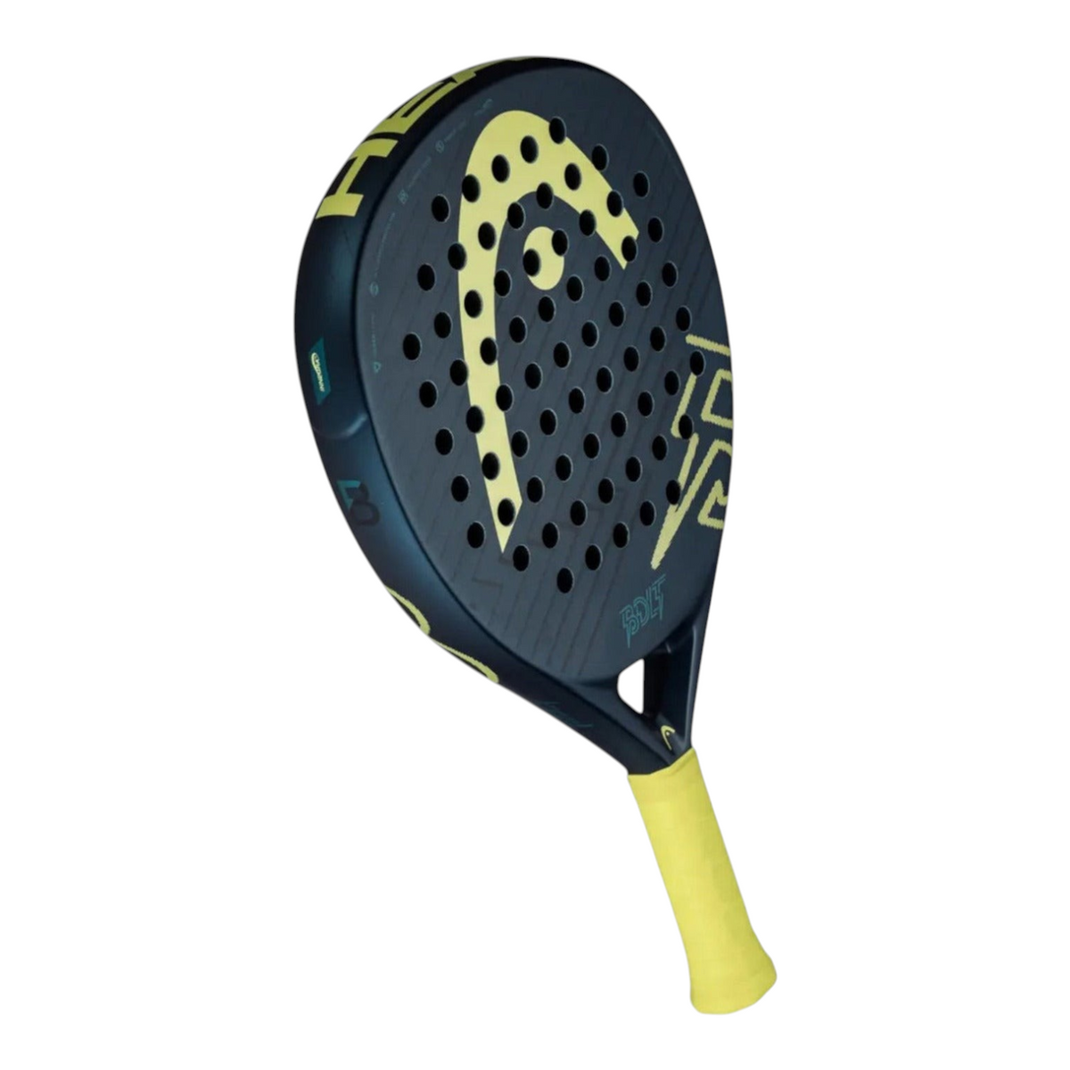 Pala de pádel Radach Sports HEAD Bolt en forma de lágrima, color negro con detalles en amarillo vibrante.