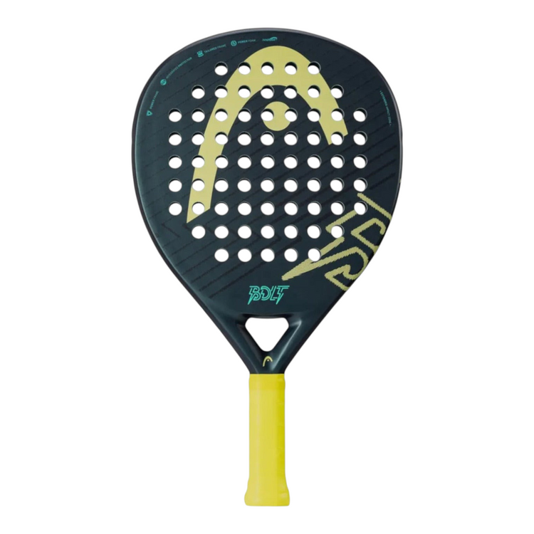 Pala de pádel Radach Sports Head Bolt en forma de lágrima, color negro con detalles en amarillo y mango amarillo.