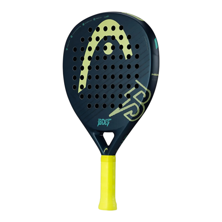 Pala de pádel Radach Sports Head Bolt en forma de lágrima, color azul oscuro con detalles en amarillo vibrante.