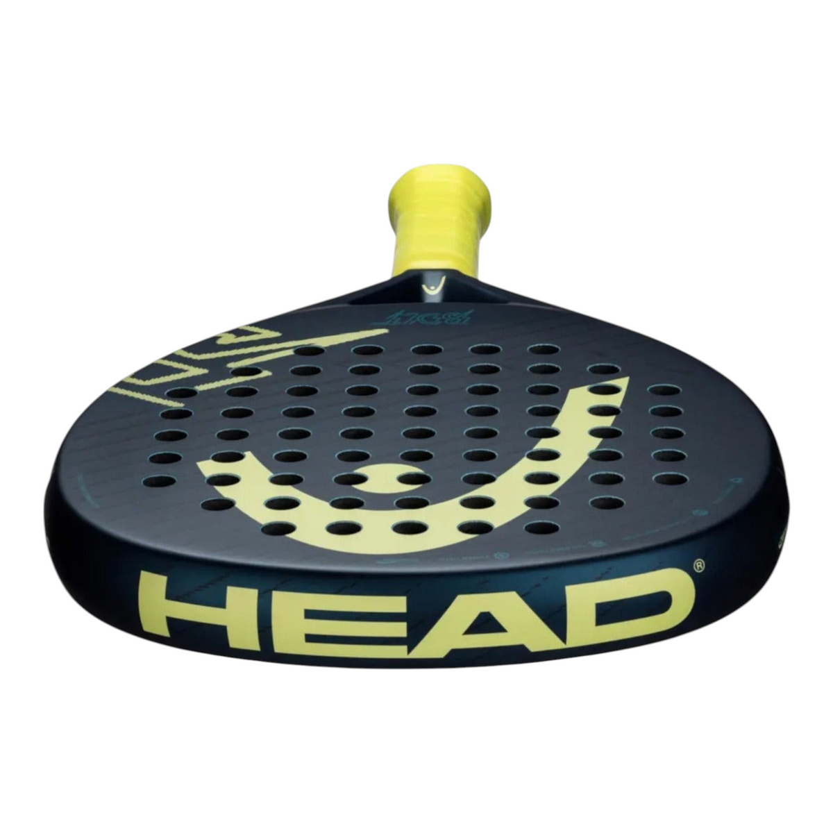 Pala de pádel Radach Sports Head Bolt en forma de lágrima con diseño negro y detalles en amarillo vibrante