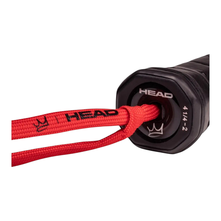 Detalle del mango de la pala de pádel Radach Sports Head Coello Pro 2025 con cordón de seguridad rojo