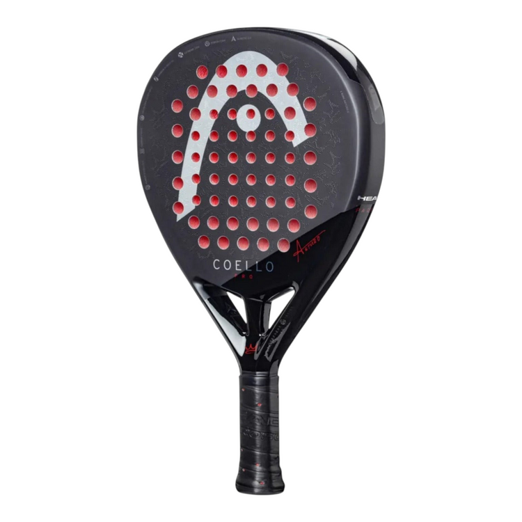 Pala de pádel Radach Sports Head Coello Pro 2025 en color negro con detalles en rojo y logo blanco