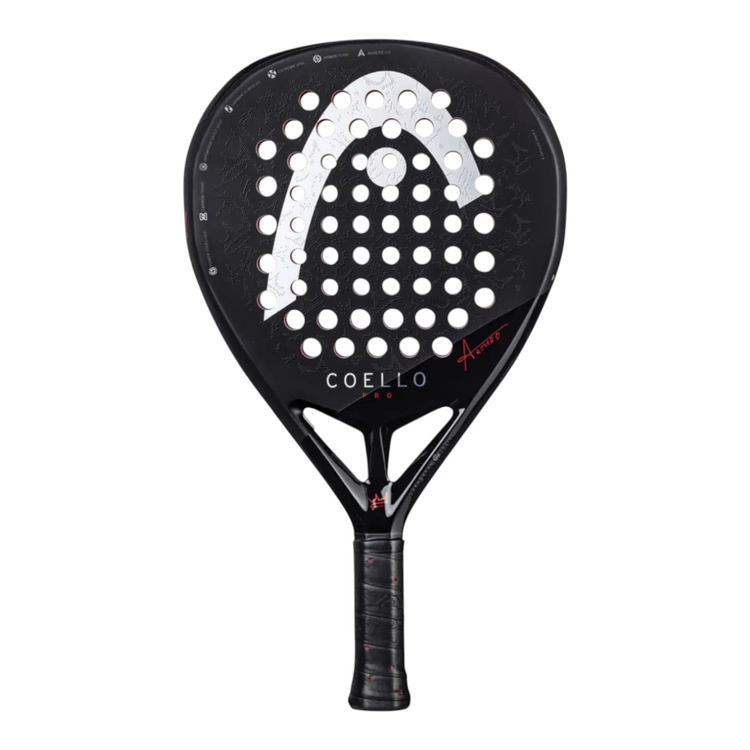 Pala de pádel Radach Sports Head Coello Pro 2025 en color negro con detalles en blanco y firma roja