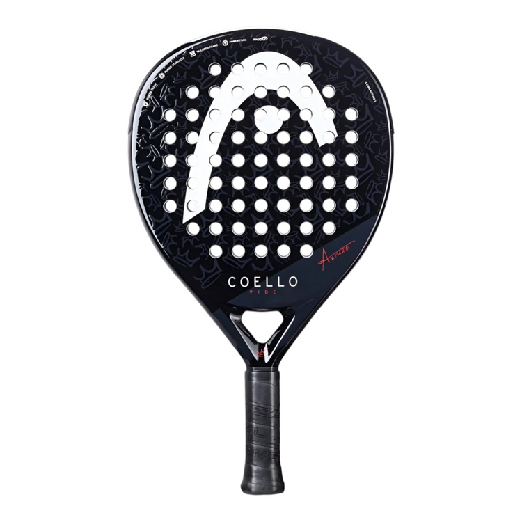 Pala de padel Radach Sports Head Arturo Coello Vibe 2025 en color negro con forma de lagrima y firma del jugador