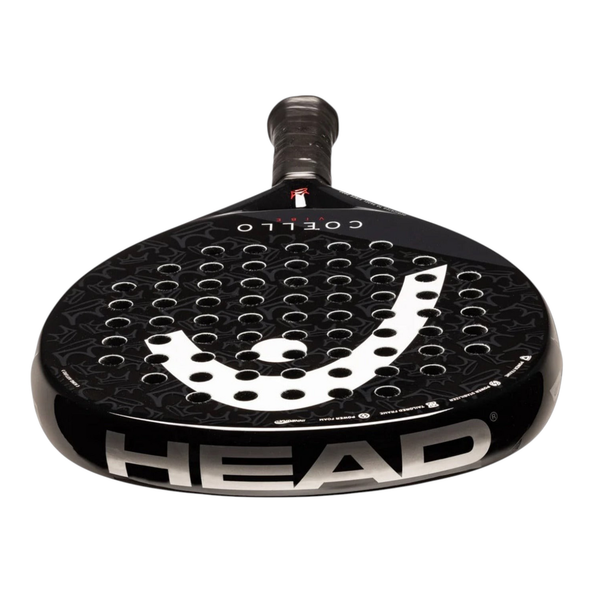 Pala de padel Radach Sports Head Arturo Coello Vibe 2025 en color negro con forma de lagrima y detalles en blanco